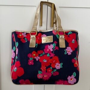 Lilly Pulitzer Navy Floral Tote with Gold Handles